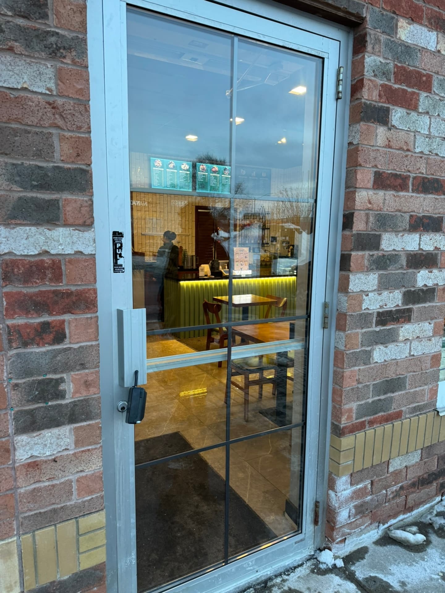 Tempered glass door with pewter muntin bars installed by Window Whiz in Brampton